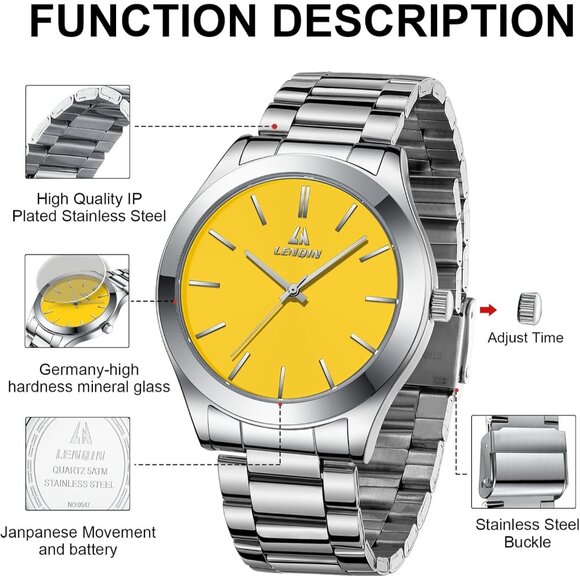 Men Silver Yellow Stainless Steel Analog Quartz Fashion Business Designer Watch - Picture 7 of 9